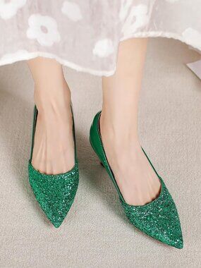 Women's Green Kitten High Heels 2 Inch Sequin Pointed Toe Leather Pumps Shoes